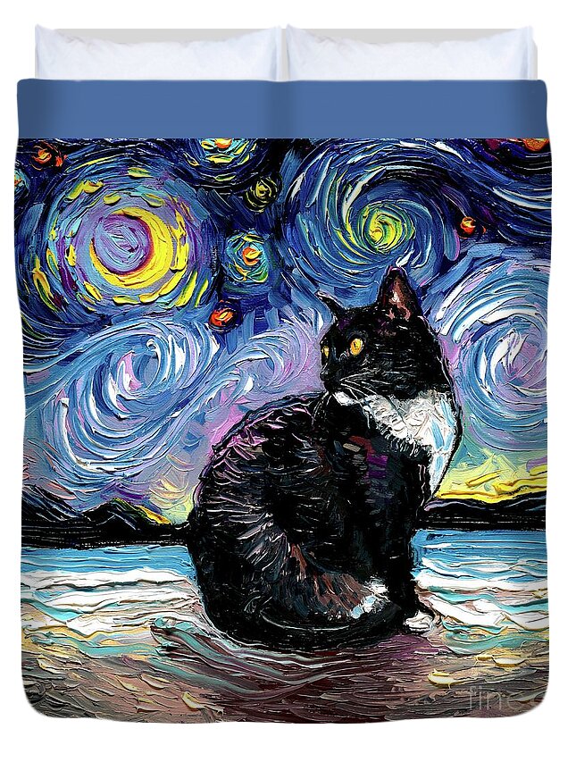 Tuxedo Cat Duvet Cover featuring the painting Tuxedo Cat Night 2 by Aja Trier