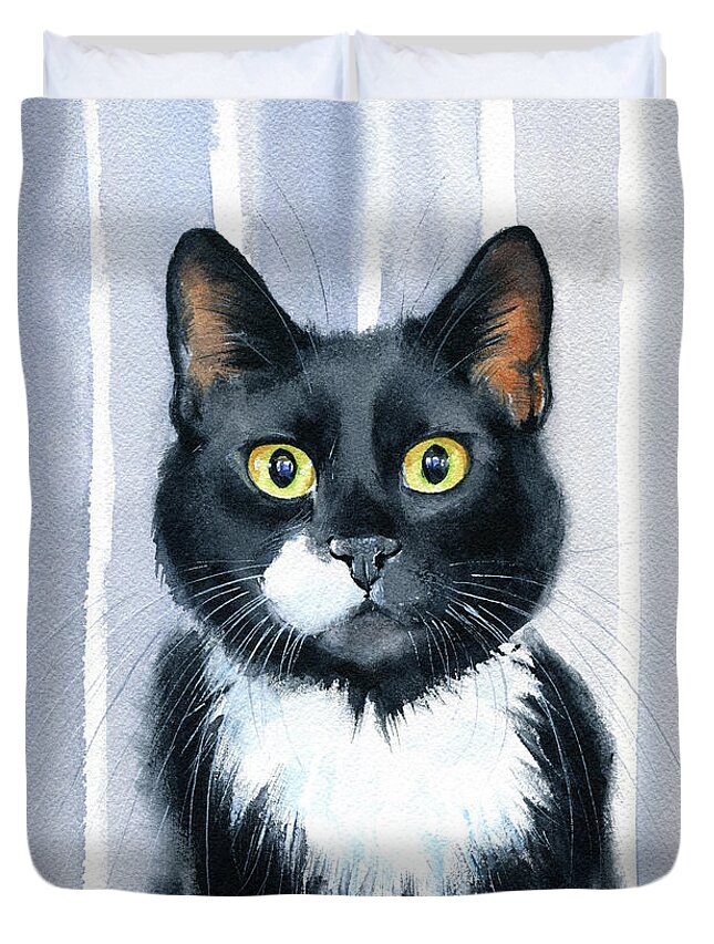 Cats Duvet Cover featuring the painting Tuxedo Cat Portrait by Dora Hathazi Mendes