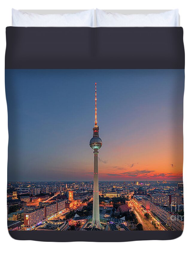 Illuminated Duvet Cover featuring the photograph TV Tower Berlin, Germany by Henk Meijer Photography