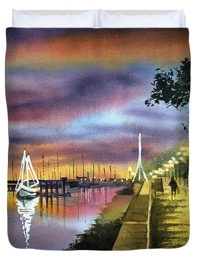 Portugal Duvet Cover featuring the painting Twilight at Ria Formosa Olhao Portugal by Dora Hathazi Mendes
