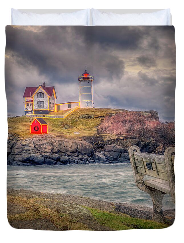 The Nubble Duvet Cover featuring the photograph Twilight at The Nubble by Penny Polakoff