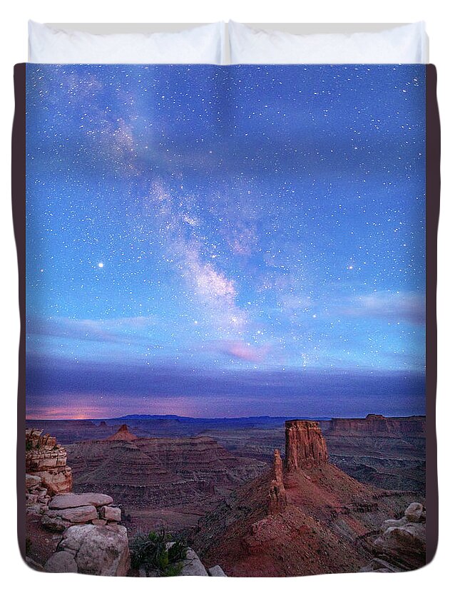 Canyonlands Southwest Desert Colorado Plateau Moab Utah Sunset Blm Duvet Cover featuring the photograph Twilight Milky Way at Marlboro Point by Dan Norris