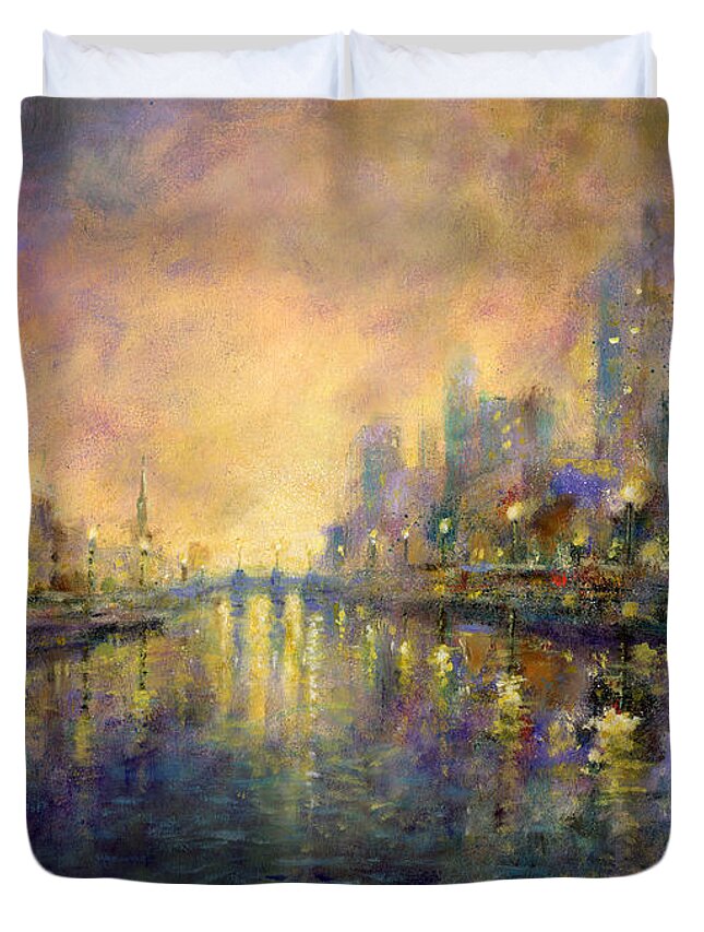 City Duvet Cover featuring the painting Twilight Reflections by Andrew King