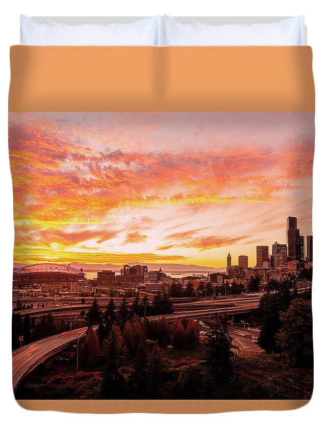 Outdoor; Sunset; Twilight; Seattle; Elliot; Stadium; Lumen; Olympic Mountains; Downtown; Highway; Colors; Clouds; Autumn; Fall; Pacific North West; Duvet Cover featuring the digital art Twilight Seattle from Dr. Jose Rizal Bridge by Michael Lee