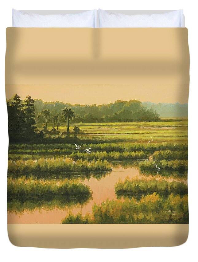 Marsh Paintings Duvet Cover featuring the painting Twilight Summer Marsh by Guy Crittenden
