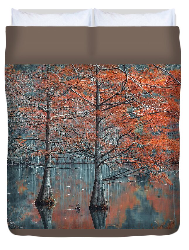 Landscape Duvet Cover featuring the photograph Twin Cypress by Iris Greenwell