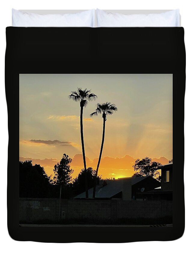 Sunset Duvet Cover featuring the photograph Twin Palm Sunset by Grey Coopre