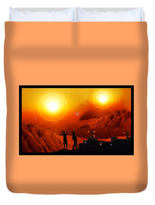Sun Duvet Cover featuring the digital art Twin Suns - Far away by Hartmut Jager
