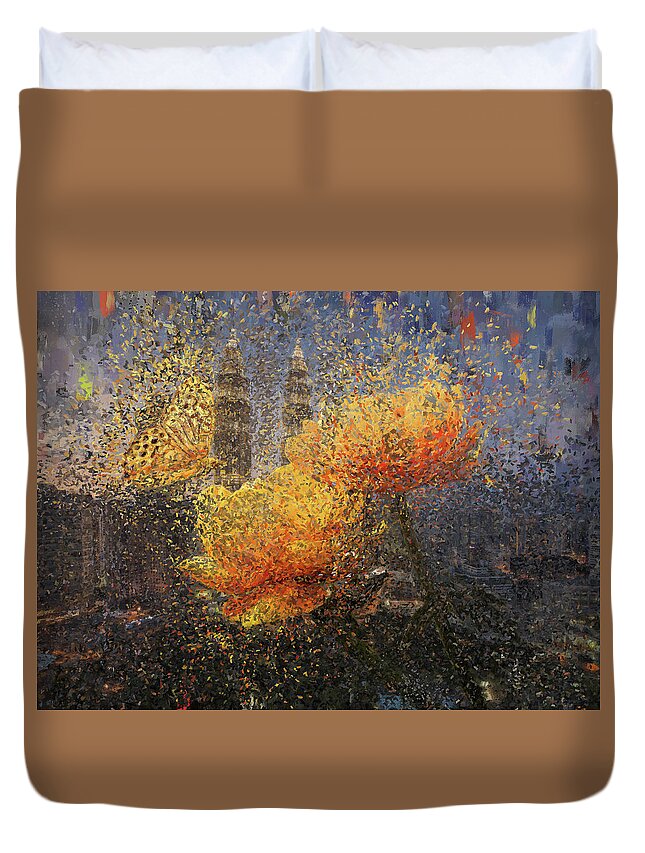 Kuala Lumpur Duvet Cover featuring the painting Twins by Alex Mir