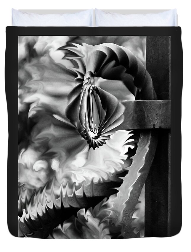 Black And White Duvet Cover featuring the photograph Twisted Metal by Shara Abel