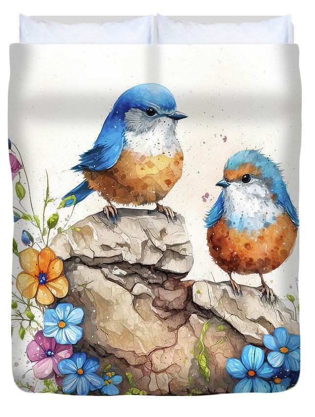 Bluebirds Duvet Cover featuring the painting Two Adorable Bluebirds by Tina LeCour