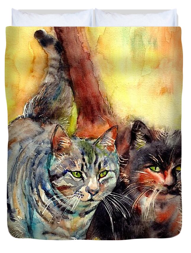 Cats On The Prowl Duvet Cover featuring the painting Two Cats On The Prowl by Suzann Sines