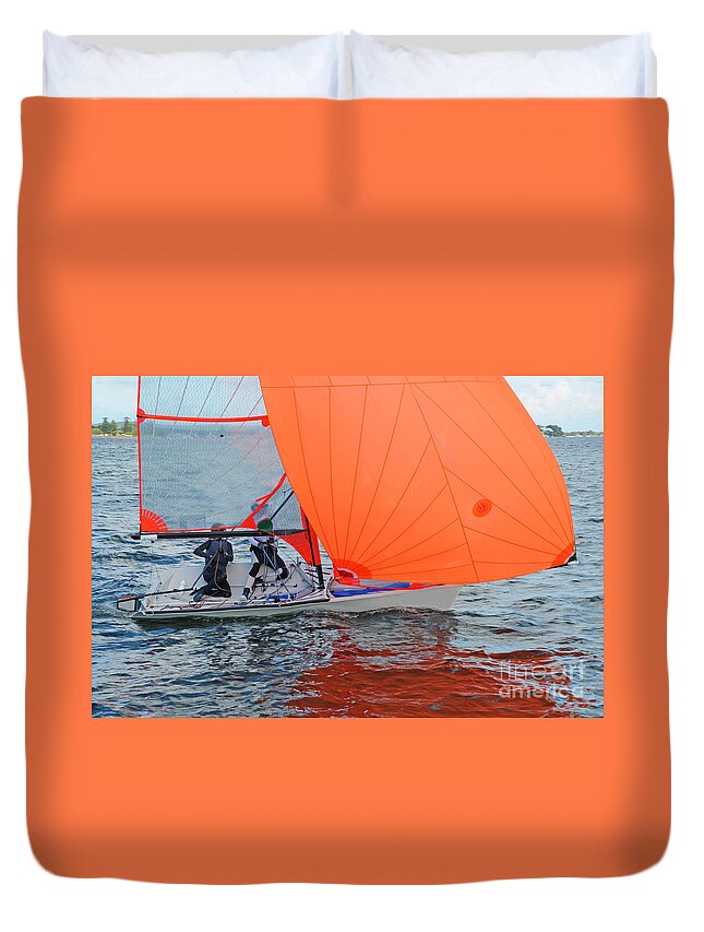 Landscape Duvet Cover featuring the photograph Two children sailing a racing dinghy with a large fully deployed by Geoff Childs