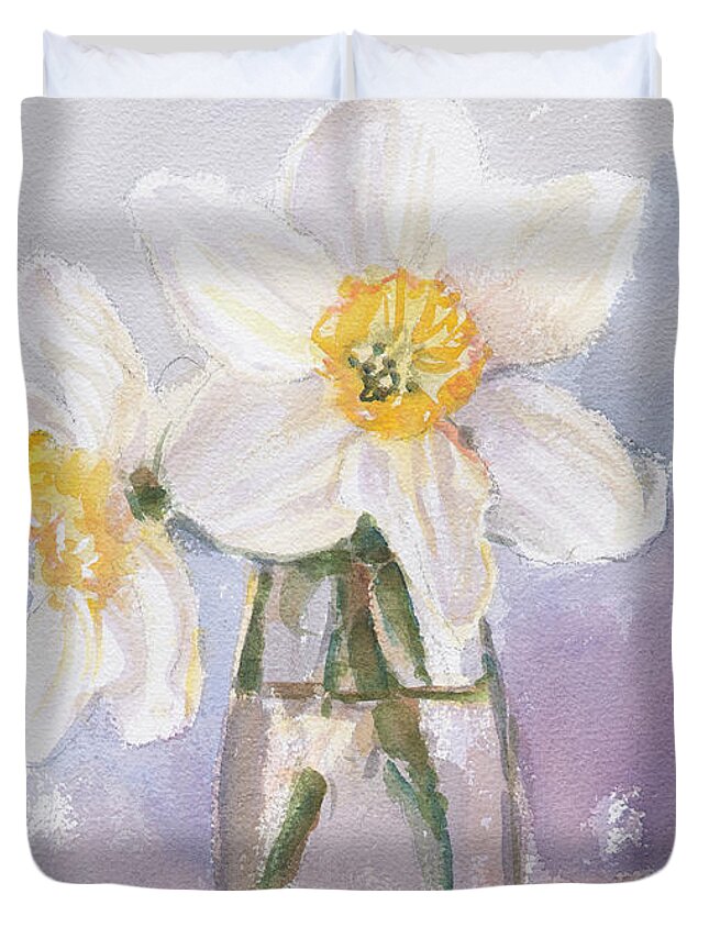 Daffodil Duvet Cover featuring the painting Two Daffodils by Steve Henderson