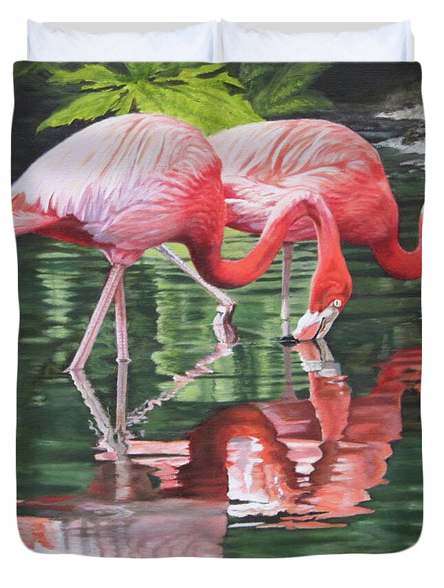 Flamingos Duvet Cover featuring the painting Two Flamingos by Jimmie Bartlett