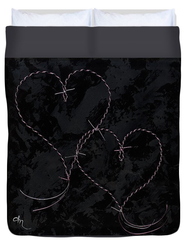 Hearts Duvet Cover featuring the mixed media Two Hearts Barbed Violet by Tamara Nelson