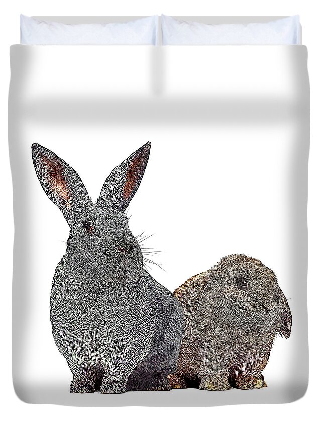 Argente Rabbit Duvet Cover featuring the painting Two Little Angel, Argente Rabbit and Holland Lop Rabbit by Custom Pet Portrait Art Studio