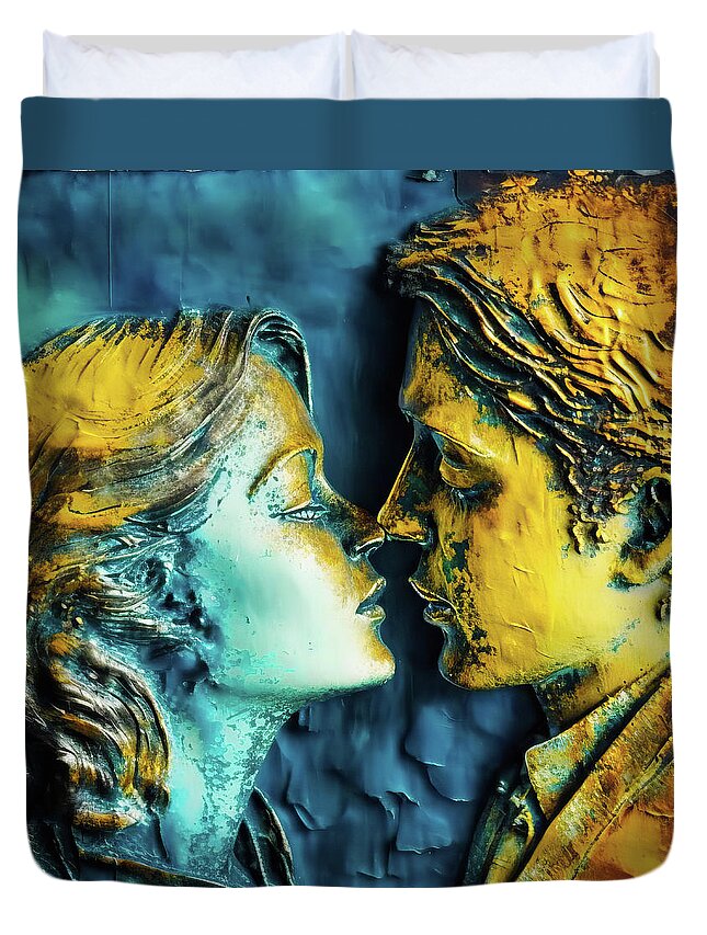 Lovers Duvet Cover featuring the digital art Two Lovers 02 Blue and Gold by Matthias Hauser