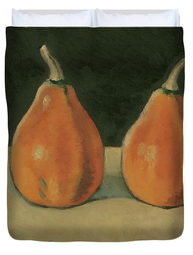 Still-life Pumpkins Orange Duvet Cover featuring the painting Two Orange Pumpkins by Raimonda Jatkeviciute-Kasparaviciene