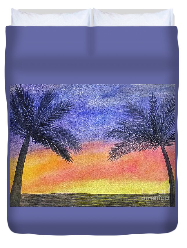 Palm Trees Duvet Cover featuring the painting Two Palm Trees at Sunset by Lisa Neuman