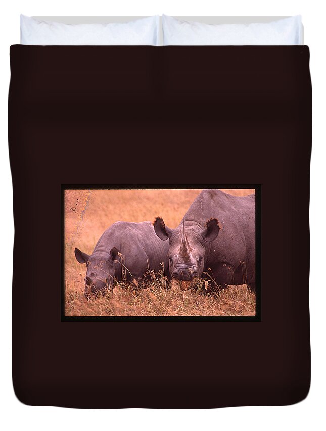 Africa Duvet Cover featuring the photograph Two Rhinos Eating by Russel Considine