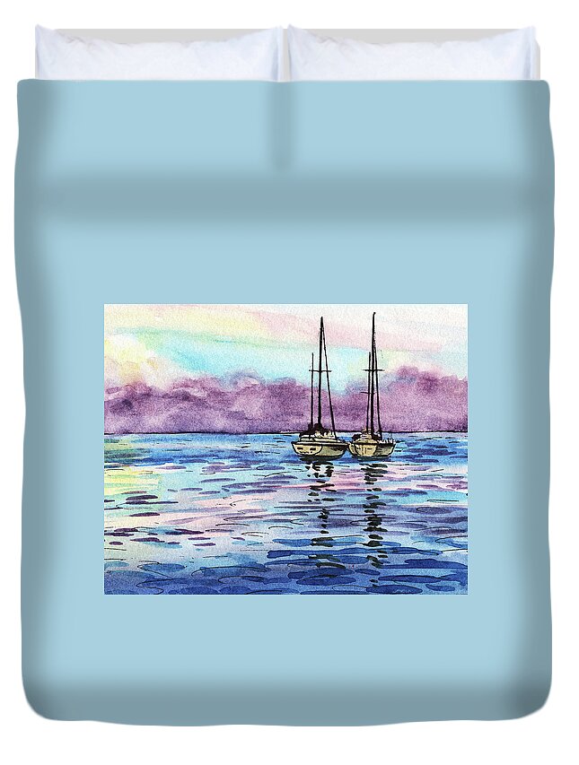 Boats Duvet Cover featuring the painting Two Sailboats Resting In The Ocean Purple Clouds Watercolor Beach Art by Irina Sztukowski