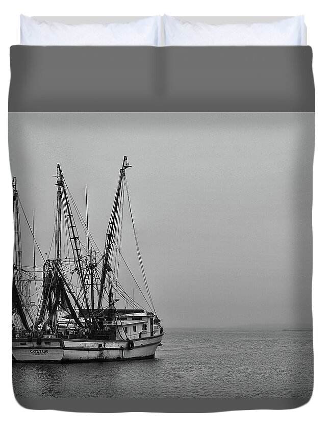 Shem Creek Duvet Cover featuring the photograph Two Shrimp Boats in the Fog on Shem Creek Black and White Wall Art by Sherry Kuhlkin
