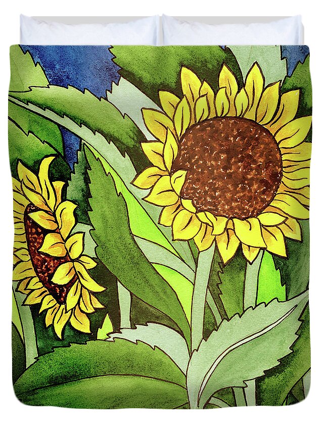 Sunflowers Duvet Cover featuring the painting Two Sunflowers Under The Tuscan Sun by Irina Sztukowski