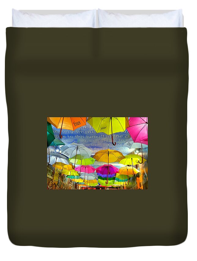 Umbrella Duvet Cover featuring the photograph Dancing In The Rain - Belfast by Gene Taylor