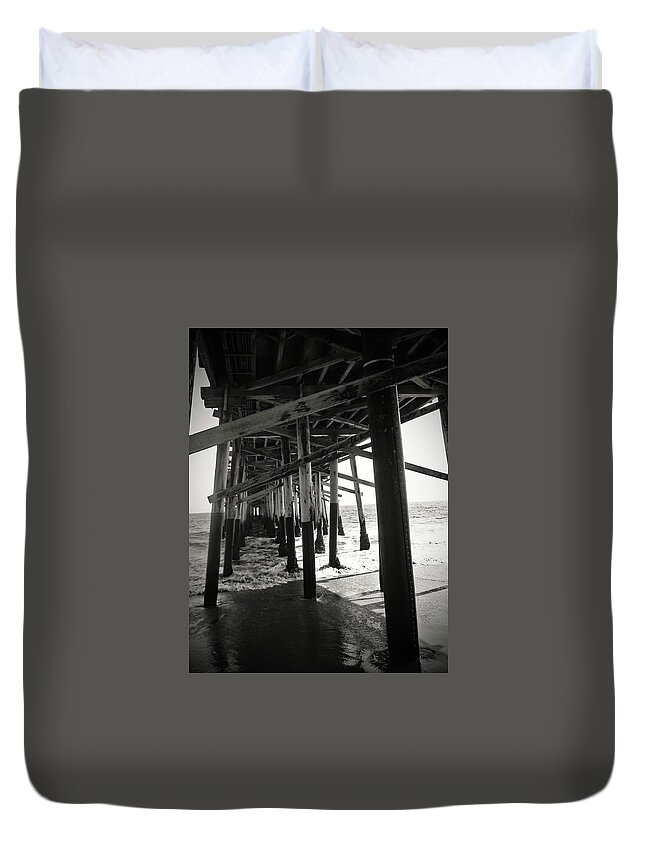 Black Duvet Cover featuring the photograph Under Balboa's Pier B/W by Carolyn Stagger Cokley
