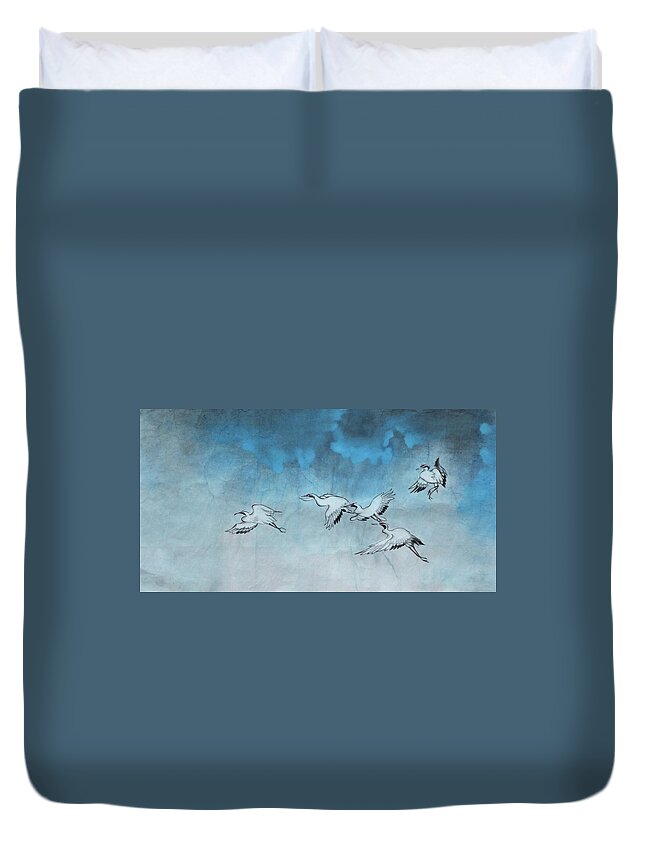 Cranes Duvet Cover featuring the painting Under the Clouds by Vina Yang