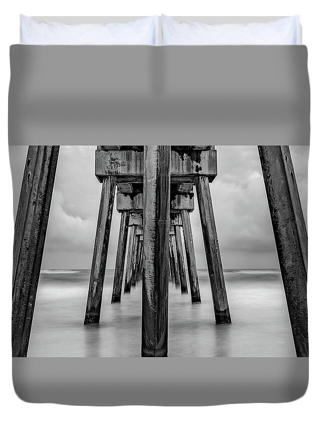 Panama City Beach Duvet Cover featuring the photograph Under The Russell Fields Pier Panorama - Panama City Beach Monochrome by Gregory Ballos