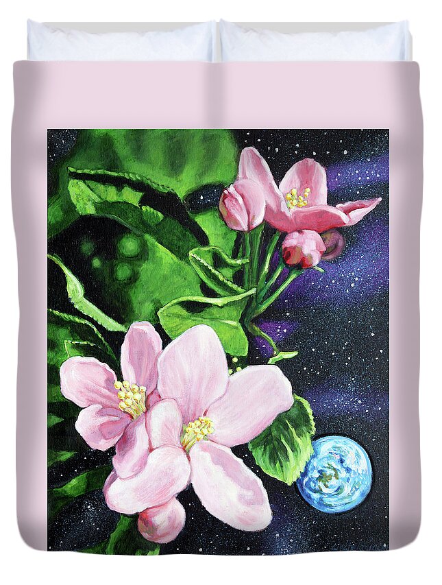 Apple Blossoms Duvet Cover featuring the painting Universe In Spring by John Lautermilch