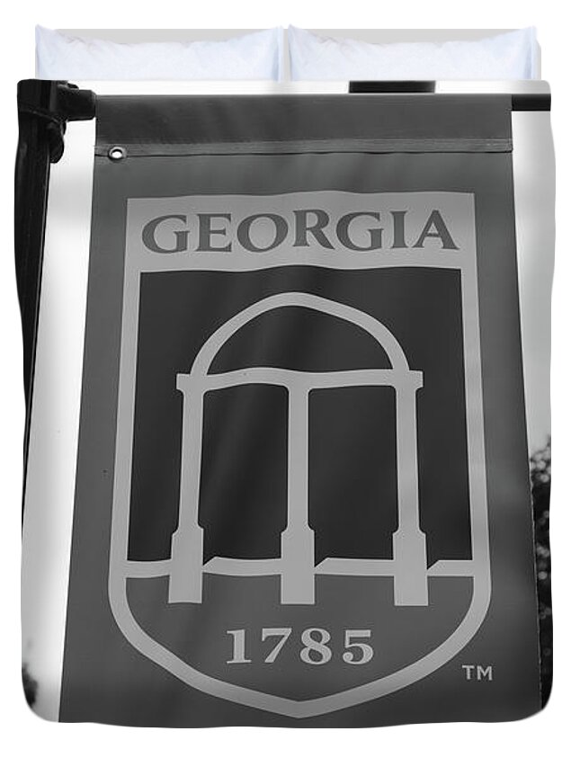 Athens Georgia Duvet Cover featuring the photograph University of Georgia banner in black and white by Eldon McGraw