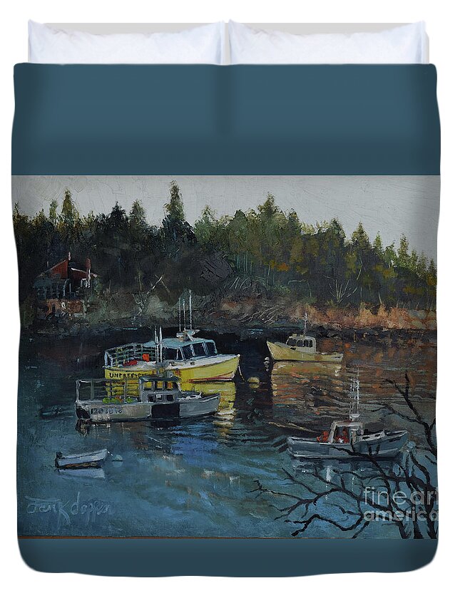 Lobster Boats Duvet Cover featuring the painting Unpredictible Birch Harbor-Darker Version by Jan Dappen