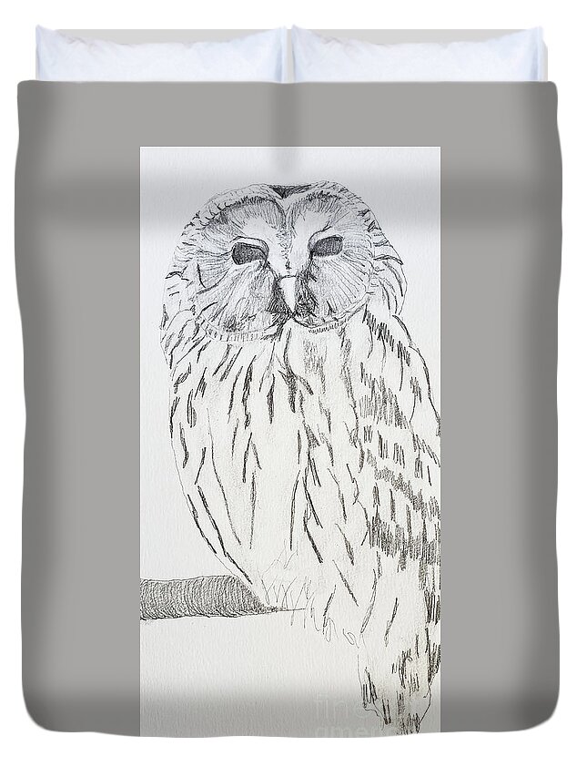 Birds Duvet Cover featuring the drawing Ural Owl by Mary Capriole