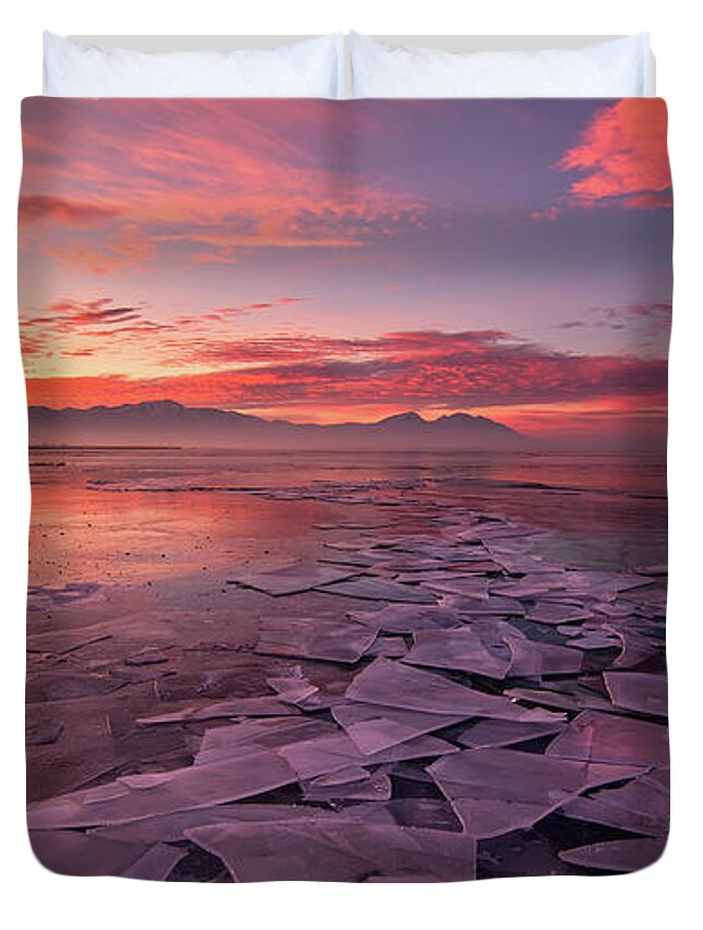 Utah Lake Duvet Cover featuring the photograph Utah Lake Ice Sunrise by Wesley Aston