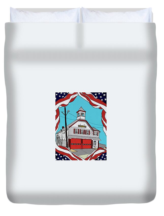 Valley Stream Fire House Fire Dept. Duvet Cover featuring the painting Valley Stream Corona Ave. Fire House by Mike Stanko