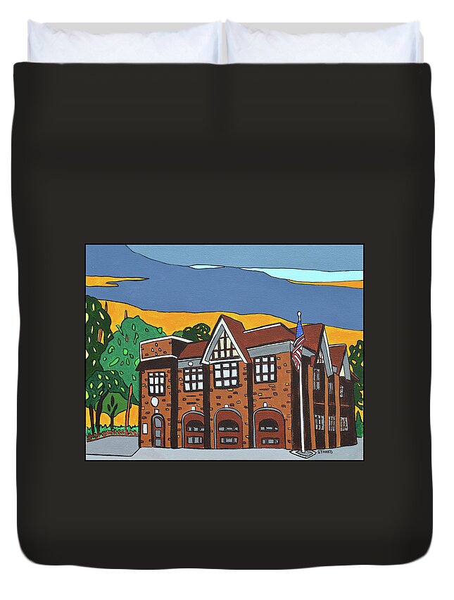 Valley Stream Fire Department Rockaway Ave. Duvet Cover featuring the painting Valley Stream Fire House by Mike Stanko