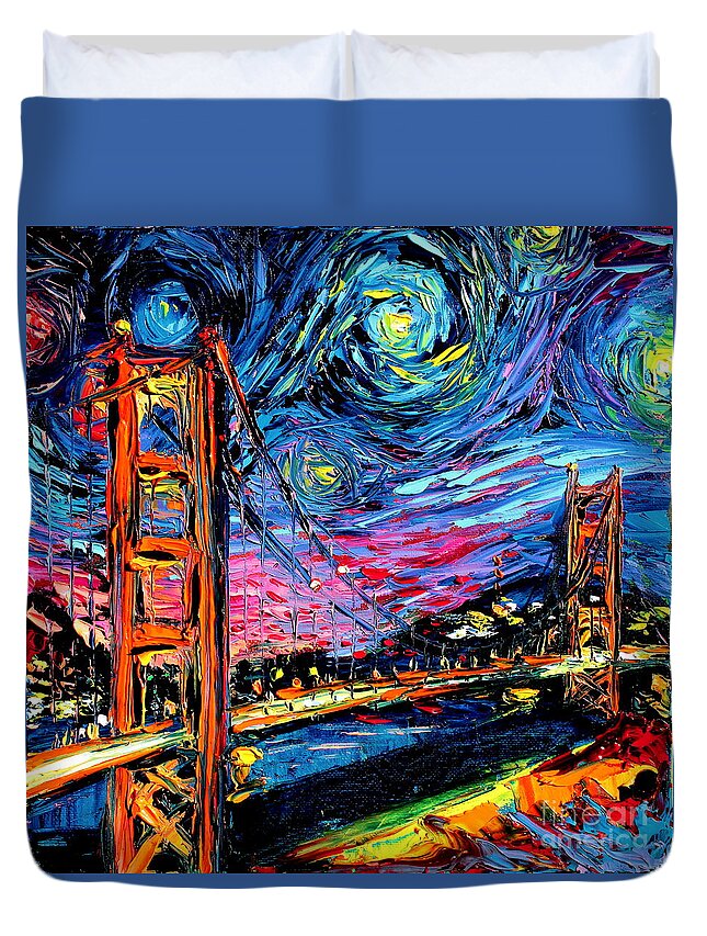 Golden Gate Bridge Duvet Cover featuring the painting van Gogh Never Saw Golden Gate by Aja Trier