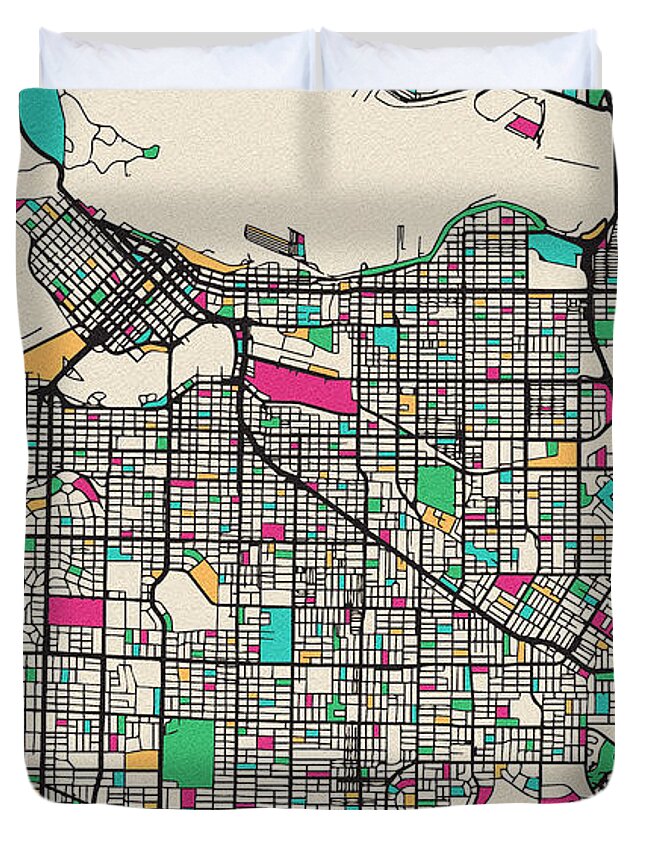 Vancouver Duvet Cover featuring the drawing Vancouver, Canada City Map by Inspirowl Design