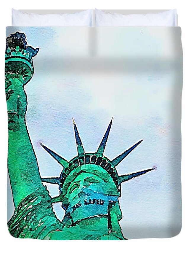 Statue Of Liberty Duvet Cover featuring the mixed media Vegas Safely - Statue of Liberty by Tatiana Travelways