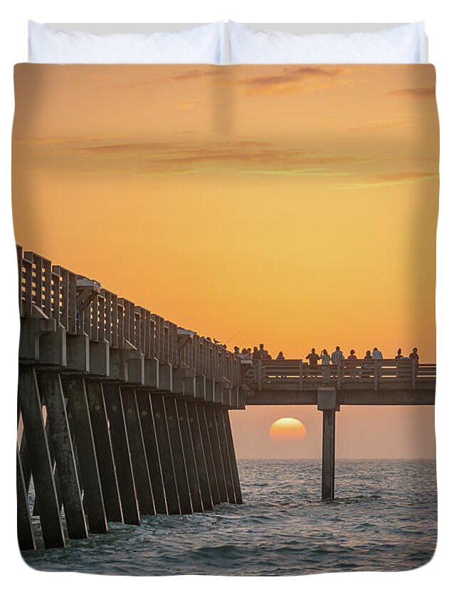 Caspersen Beach Duvet Cover featuring the photograph Venice Fishing Pier Framing the Sun, Florida by Liesl Walsh