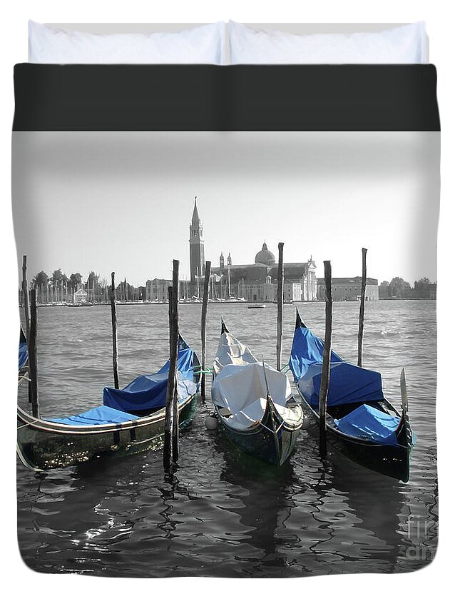 Venice Duvet Cover featuring the photograph Venice Italy Boats in Black and Blue by Robyn Saunders