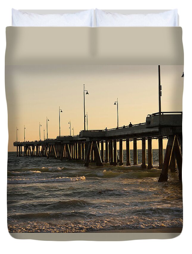 Pier Duvet Cover featuring the photograph Venice Pier Sunset - Fine Art Seascape by Mark Stout