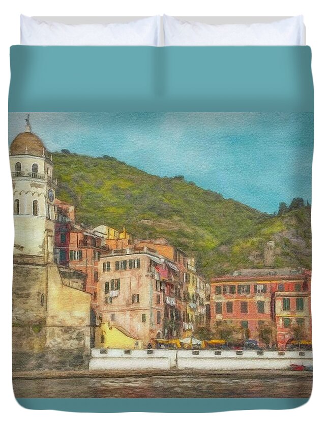 Water Duvet Cover featuring the painting Vernazza Up Close by Jeffrey Kolker