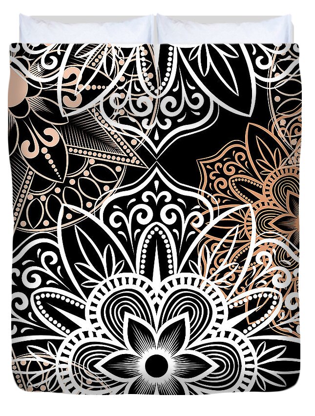 Colorful Duvet Cover featuring the digital art Verona - Artistic White Cream Mandala Pattern in Black Background by Sambel Pedes