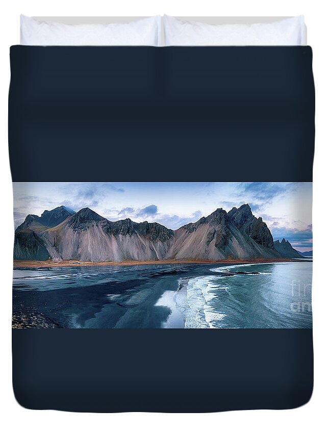 Vestrahorn Duvet Cover featuring the photograph Vestrahorn mountain panorama. High angle drone shot. by Jane Rix