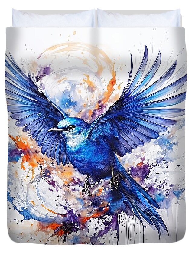 Bluebird Duvet Cover featuring the painting Vibrancy and Joy - Bluebird's Portrait by Lourry Legarde