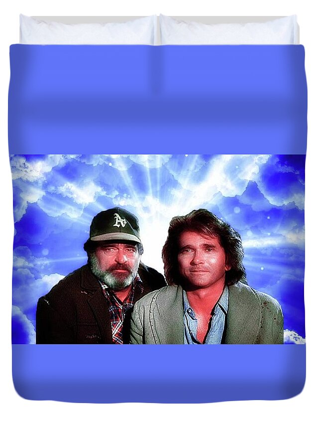 Michael Landon Duvet Cover featuring the mixed media Victor French and Michael Landon - Real Angels Now by Teresa Trotter